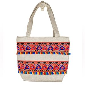 Boho Tote Bag, Extra Large Carryall, Ethnic Embroidered, New, Hippie, Red, XL